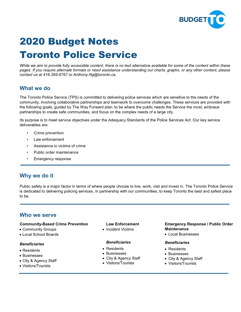 2020 Staff Recommended Capital and Operating Budget Notes – Toronto Police Services