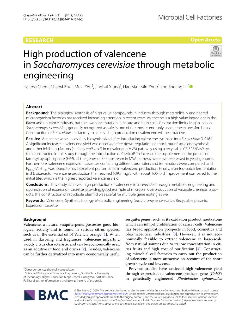 High Production of Valencene in Saccharomyces Cerevisiae Through