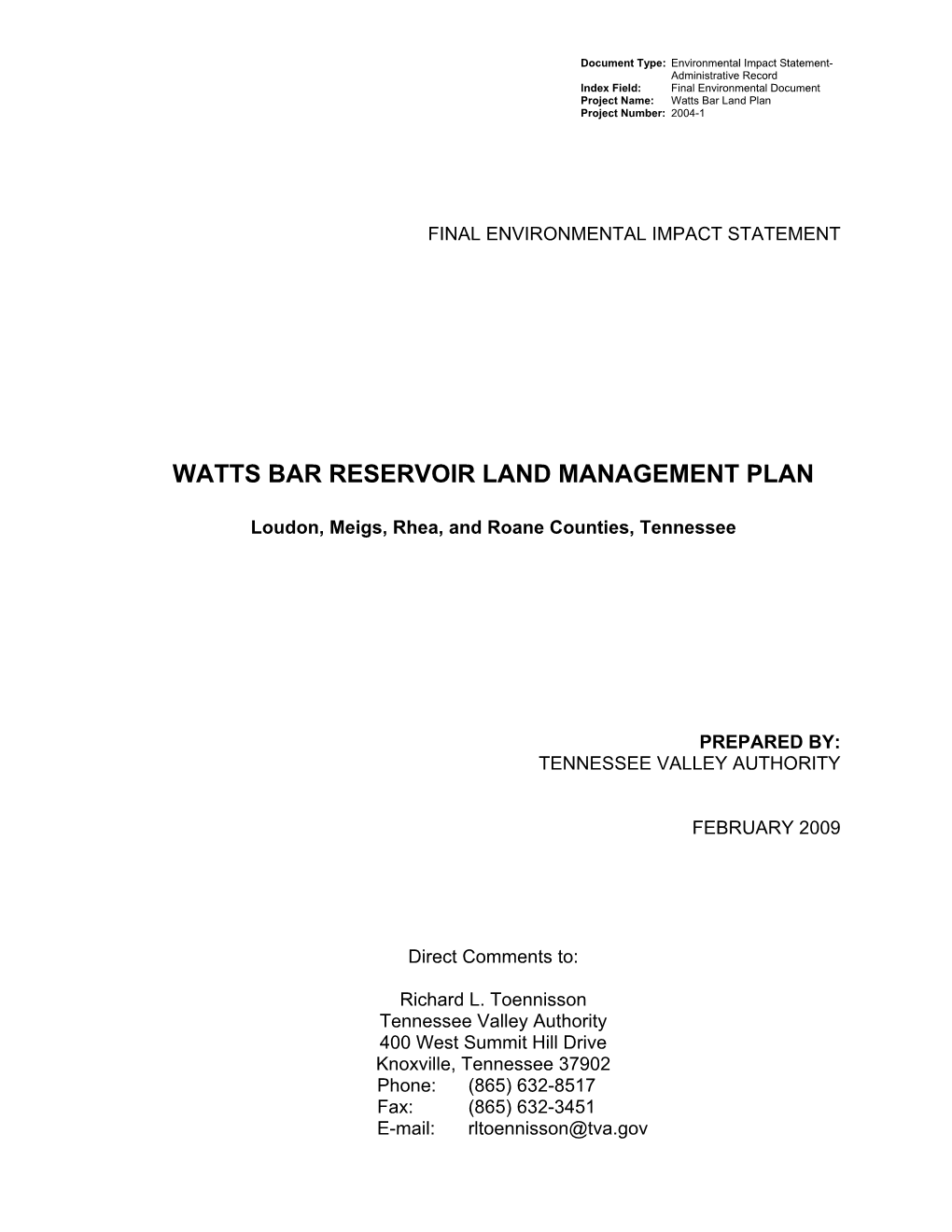 Watts Bar Reservoir Land Management Plan