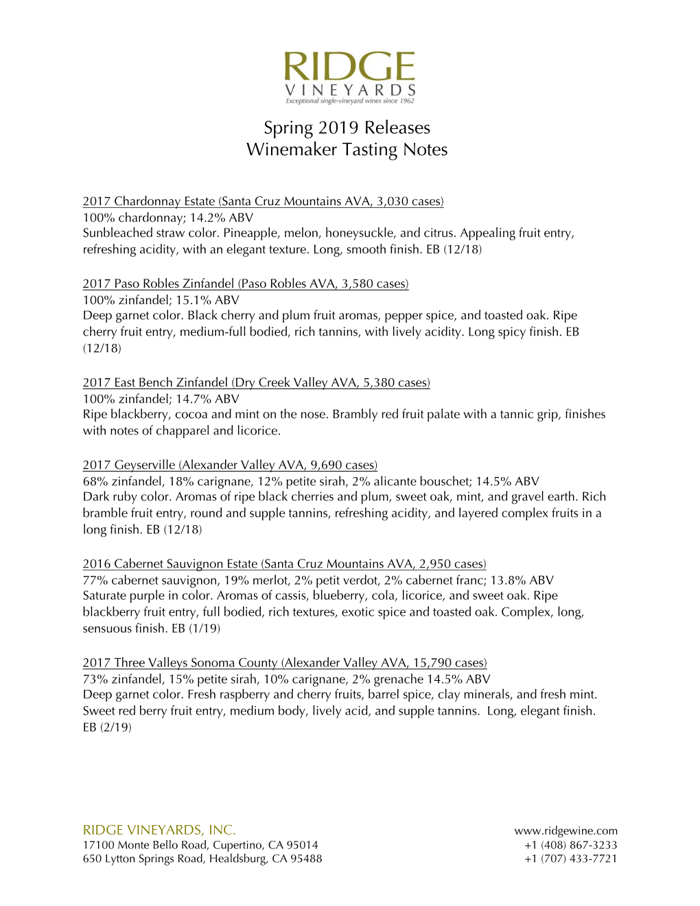 Spring 2019 Releases Winemaker Tasting Notes