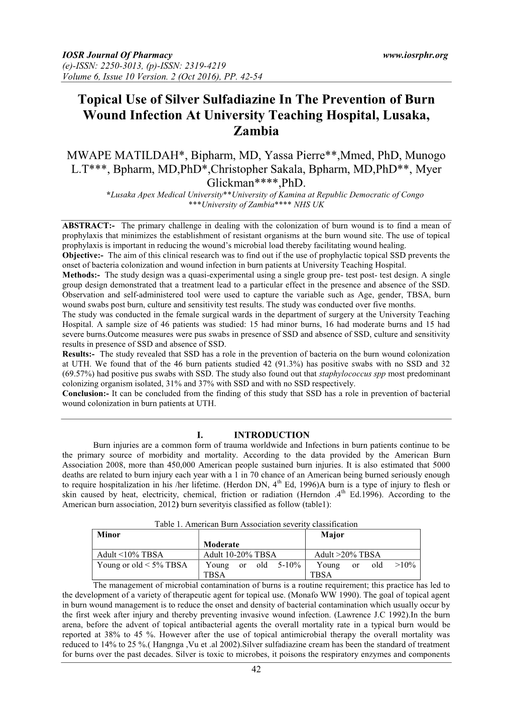 Topical Use of Silver Sulfadiazine in the Prevention of Burn Wound Infection at University Teaching Hospital, Lusaka, Zambia