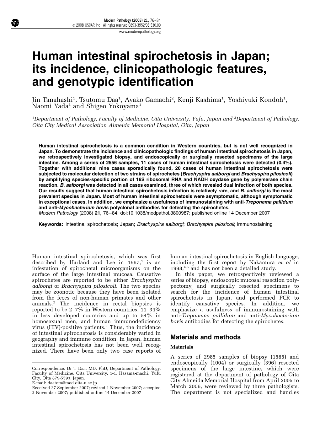 Human Intestinal Spirochetosis in Japan; Its Incidence, Clinicopathologic Features, and Genotypic Identification