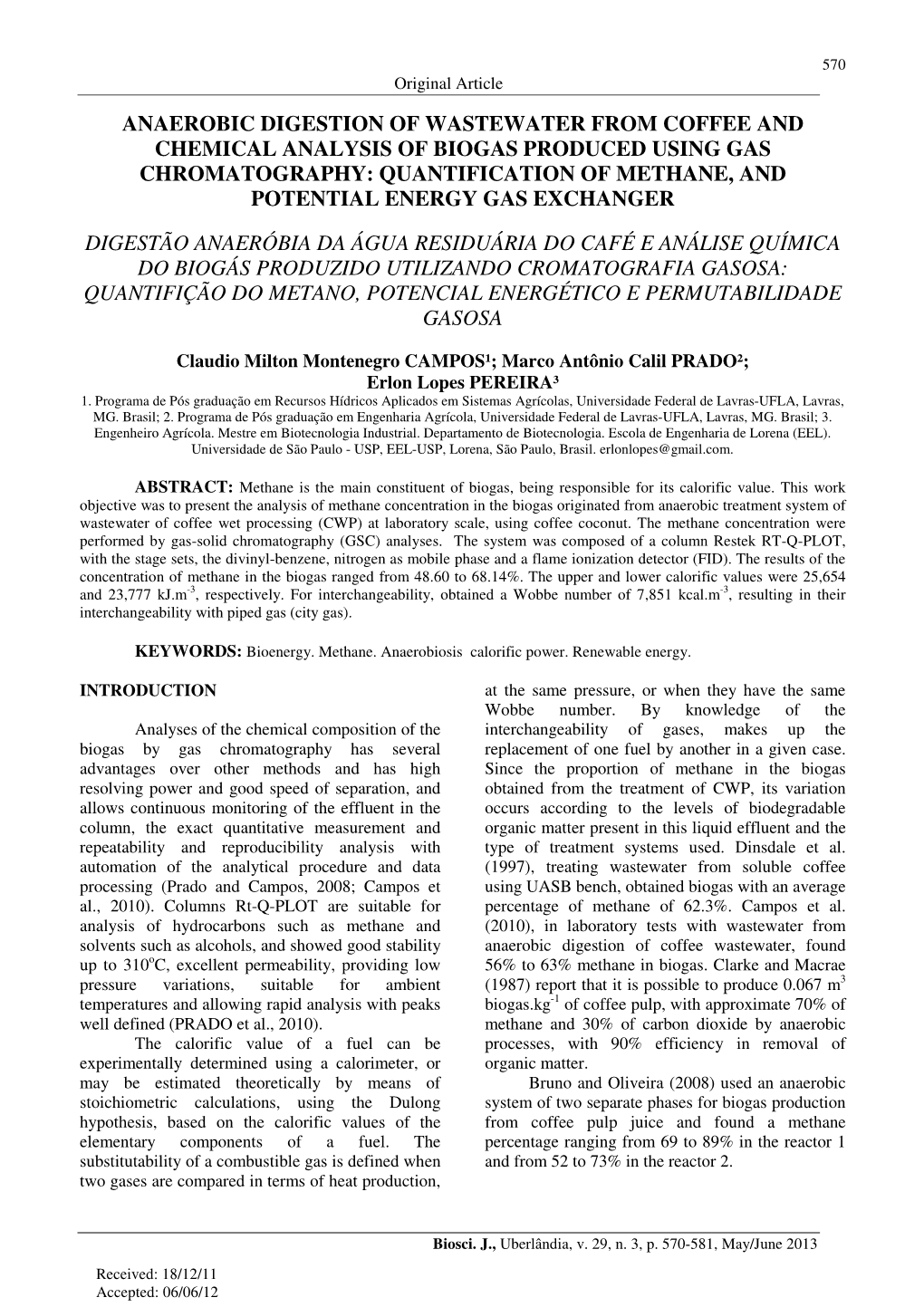 Anaerobic Digestion of Wastewater from Coffee and Chemical Analysis of Biogas Produced Using Gas Chromatography