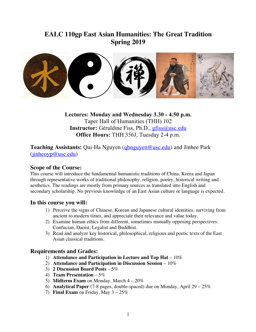 EALC 110Gp East Asian Humanities: the Great Tradition Spring 2019