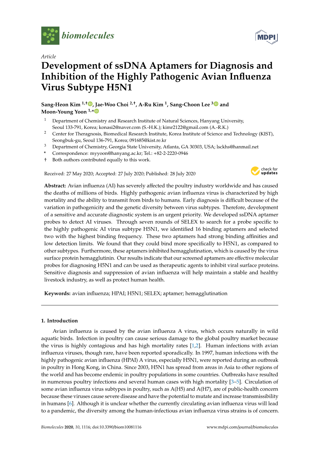 Development of Ssdna Aptamers for Diagnosis and Inhibition of the Highly Pathogenic Avian Inﬂuenza Virus Subtype H5N1