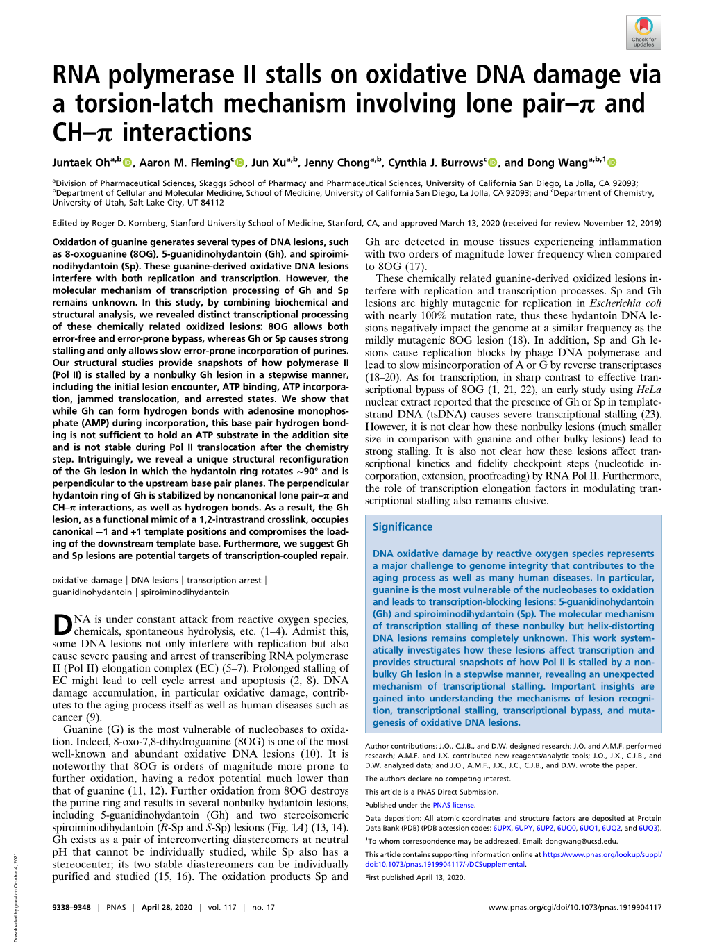 RNA Polymerase II Stalls on Oxidative DNA Damage Via a Torsion-Latch Mechanism Involving Lone Pair–Π and CH–Π Interactions