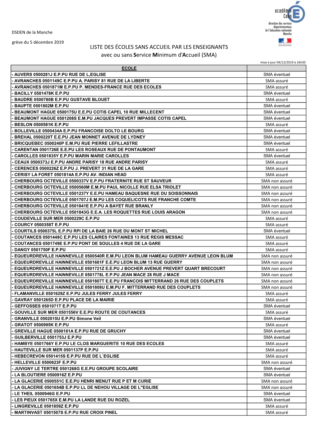 LISTE DES ÉCOLES SANS ACCUEIL PAR LES ENSEIGNANTS Avec Ou