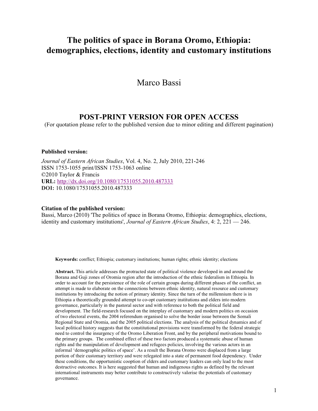 The Politics of Space in Borana Oromo, Ethiopia: Demographics, Elections, Identity and Customary Institutions