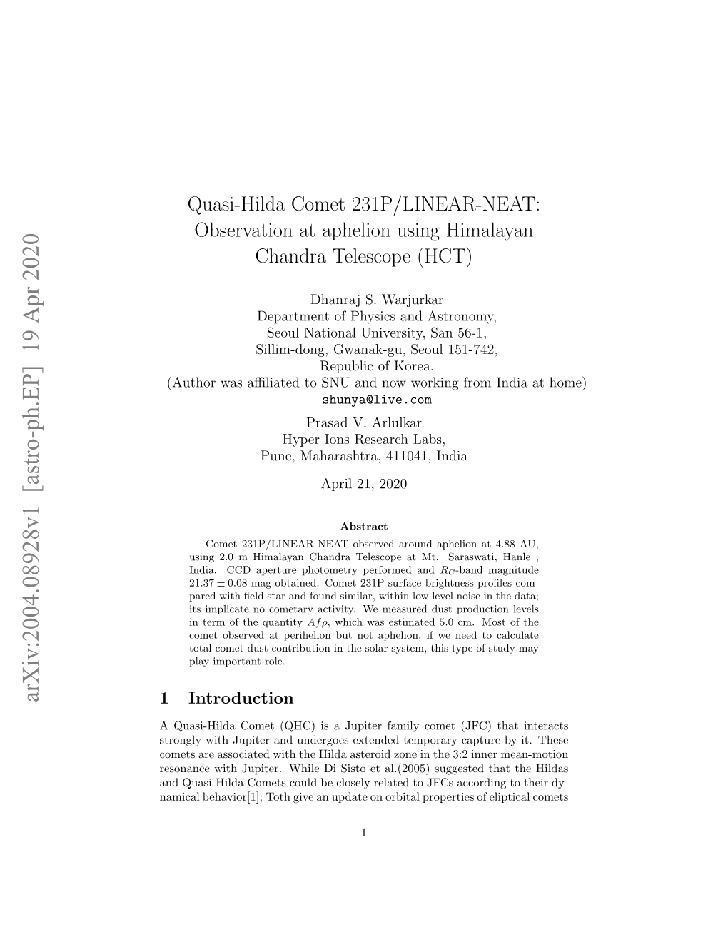 Quasi-Hilda Comet 231P/LINEAR-NEAT: Observation at Aphelion Using Himalayan Chandra Telescope (HCT)