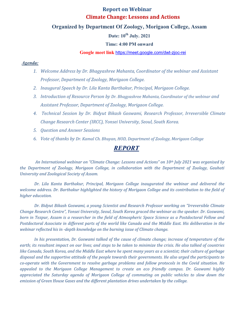 Report on Webinar Climate Change: Lessons and Actions Organized by Department of Zoology, Morigaon College, Assam Date: 10Th July