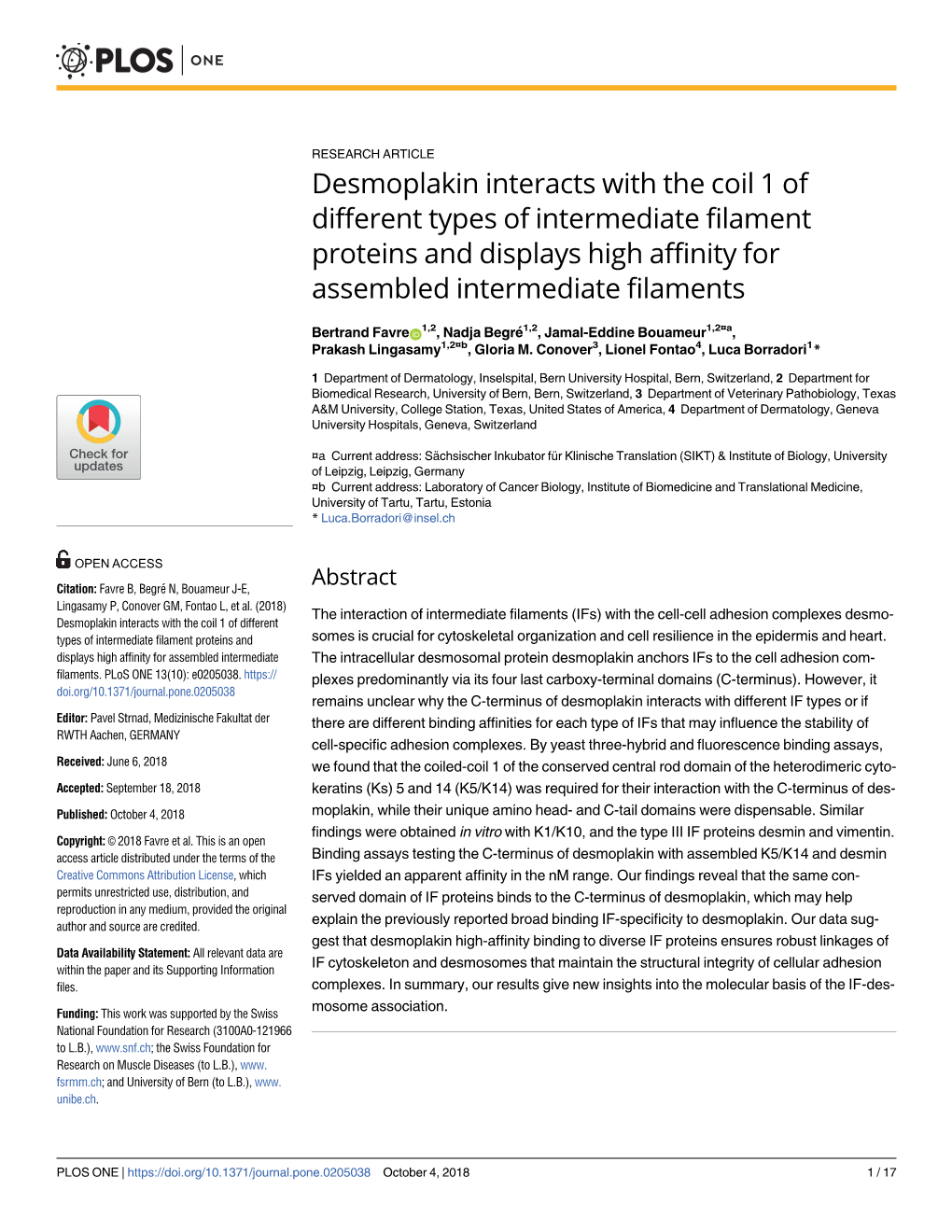 Desmoplakin Interacts with the Coil 1 of Different Types of Intermediate Filament Proteins and Displays High Affinity for Assembled Intermediate Filaments