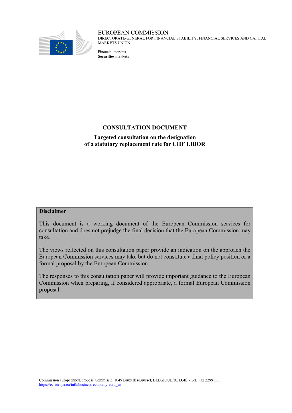 CONSULTATION DOCUMENT Targeted Consultation on the Designation of a Statutory Replacement Rate for CHF LIBOR