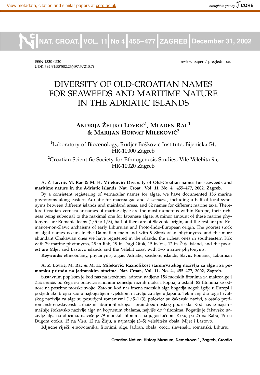 Diversity of Old-Croatian Names for Seaweeds and Maritime Nature in the Adriatic Islands