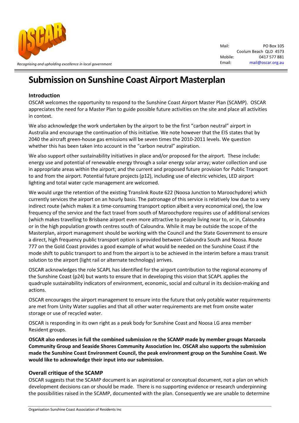 Submission on Sunshine Coast Airport Masterplan