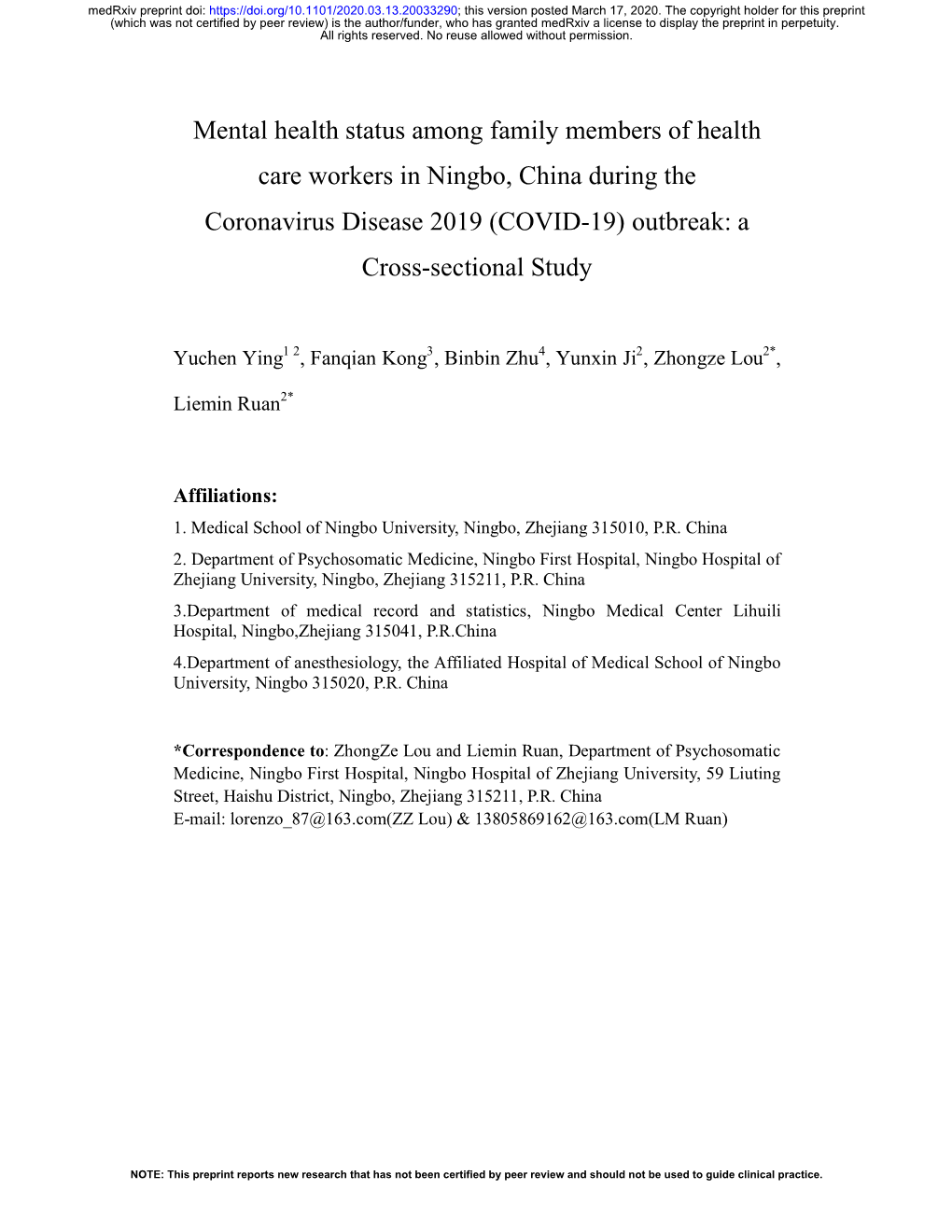 Mental Health Status Among Family Members of Health Care Workers in Ningbo, China During the Coronavirus Disease 2019 (COVID-19) Outbreak: A