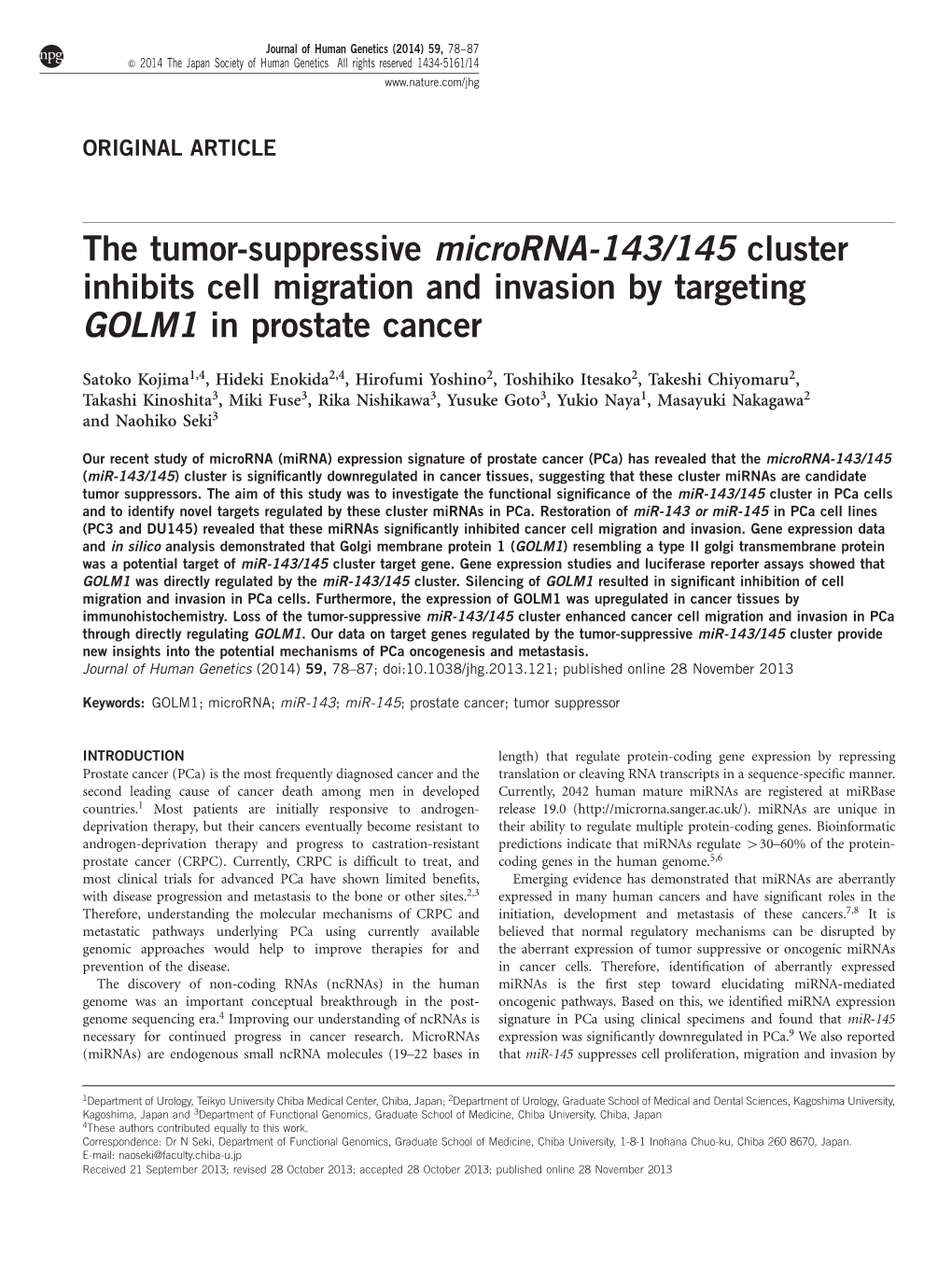 The Tumor-Suppressive Microrna-143&Sol