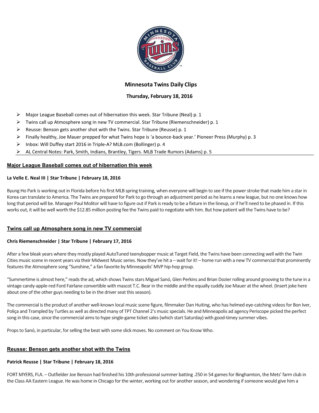 Minnesota Twins Daily Clips Thursday, February 18, 2016