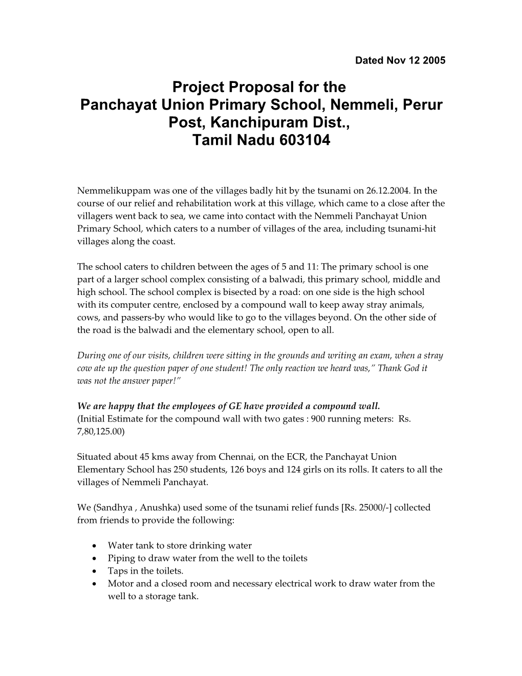 Project Proposal for the Panchayat Union School, Nemmeli, Perur Post, Kanchipuram Dist