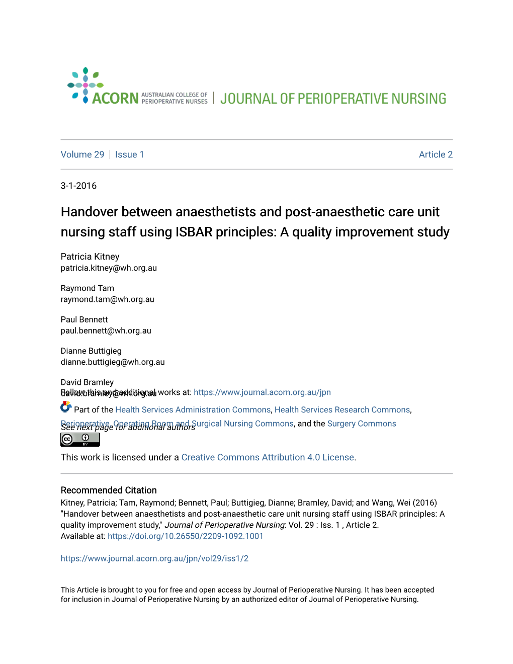 Handover Between Anaesthetists and Post-Anaesthetic Care Unit Nursing Staff Using ISBAR Principles: a Quality Improvement Study