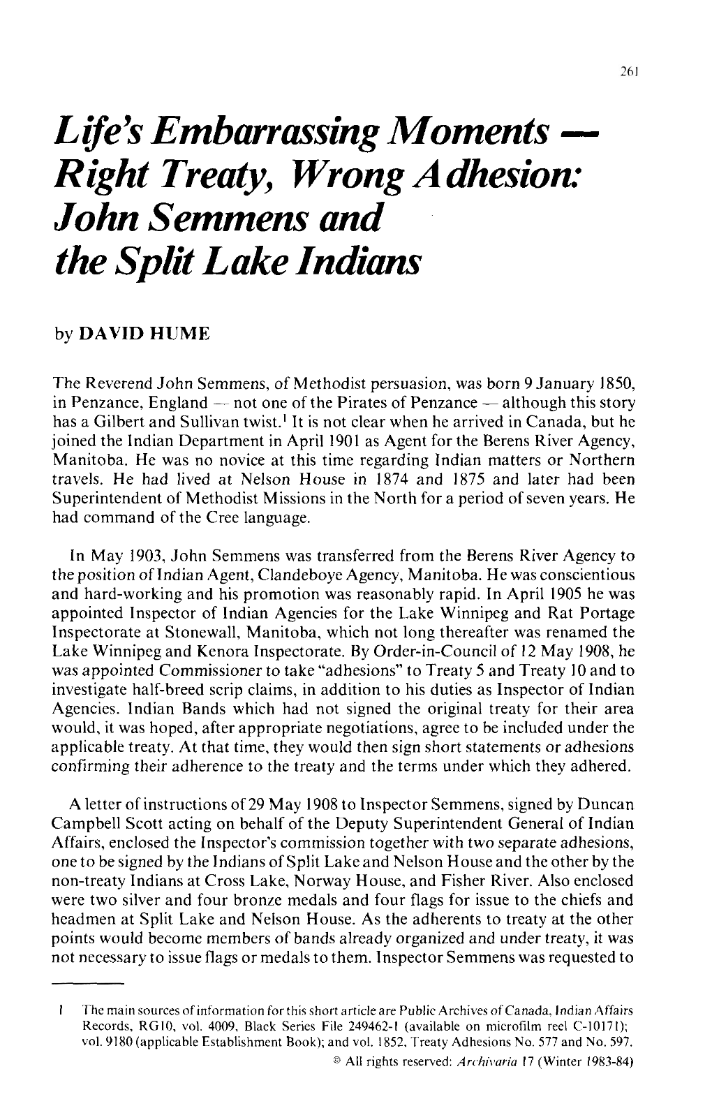 John Semmens and the Split Lake Indians by DAVID HUME