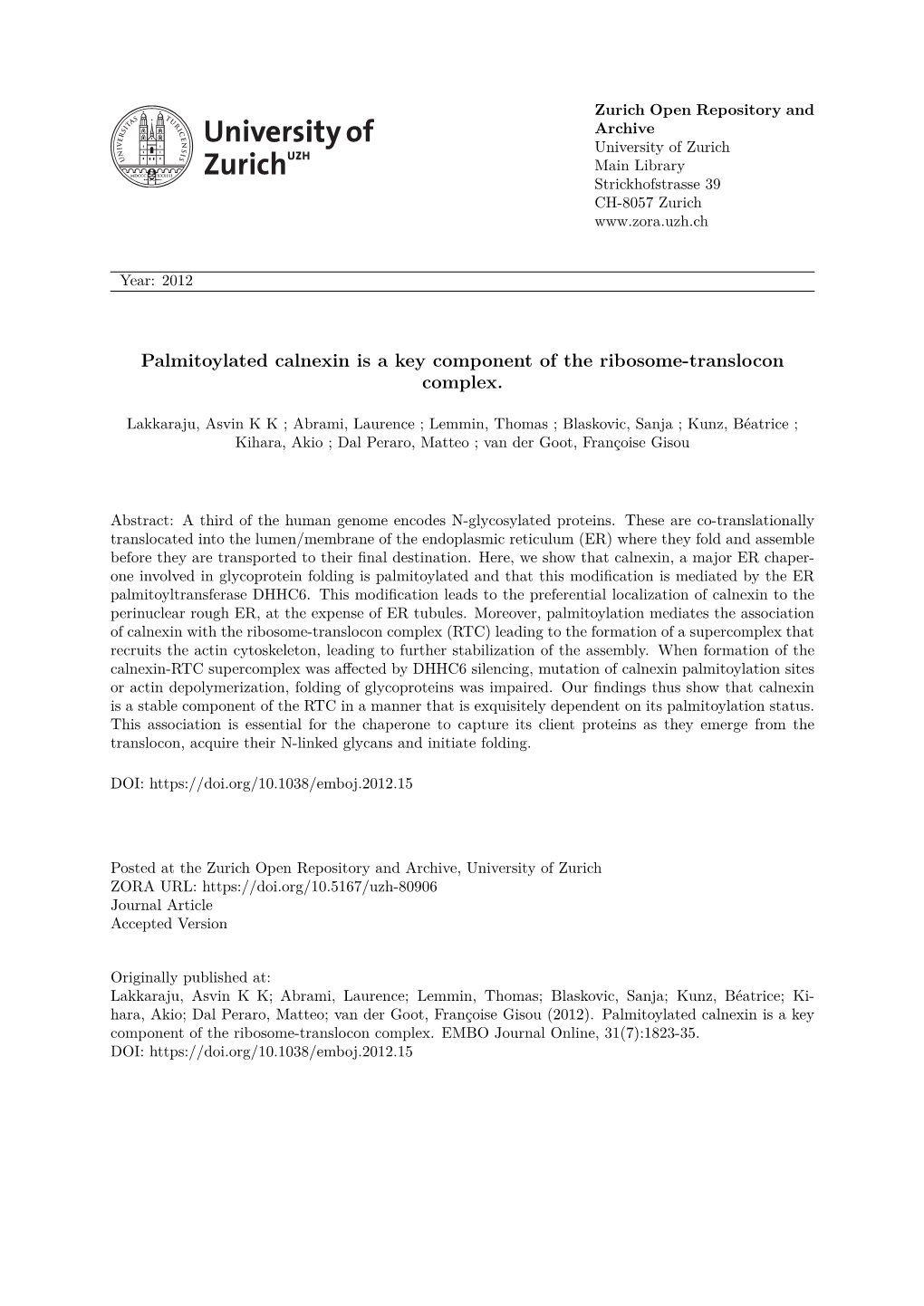 Palmitoylated Calnexin Is a Key Component of the Ribosome-Translocon Complex