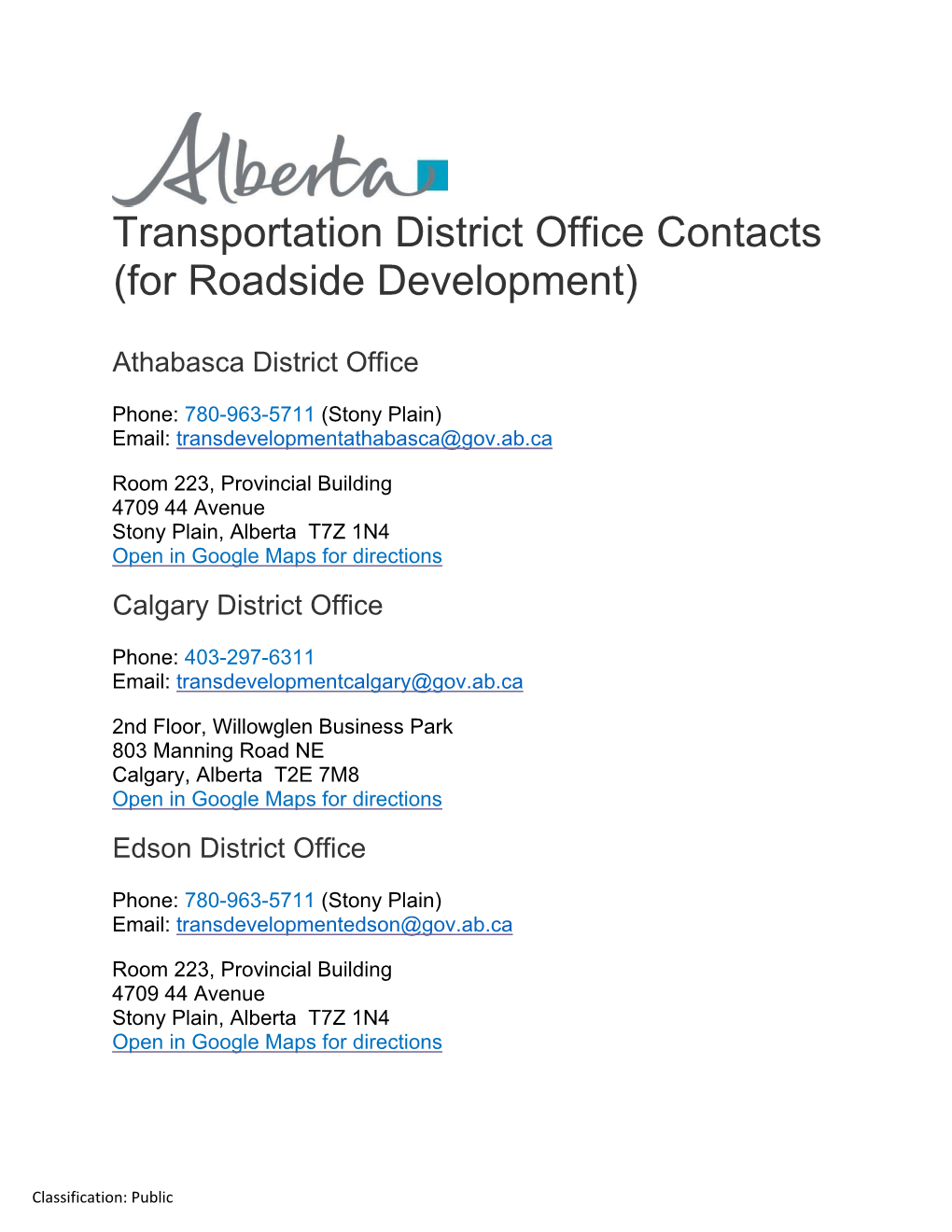 Alberta Transportation District Office Contacts