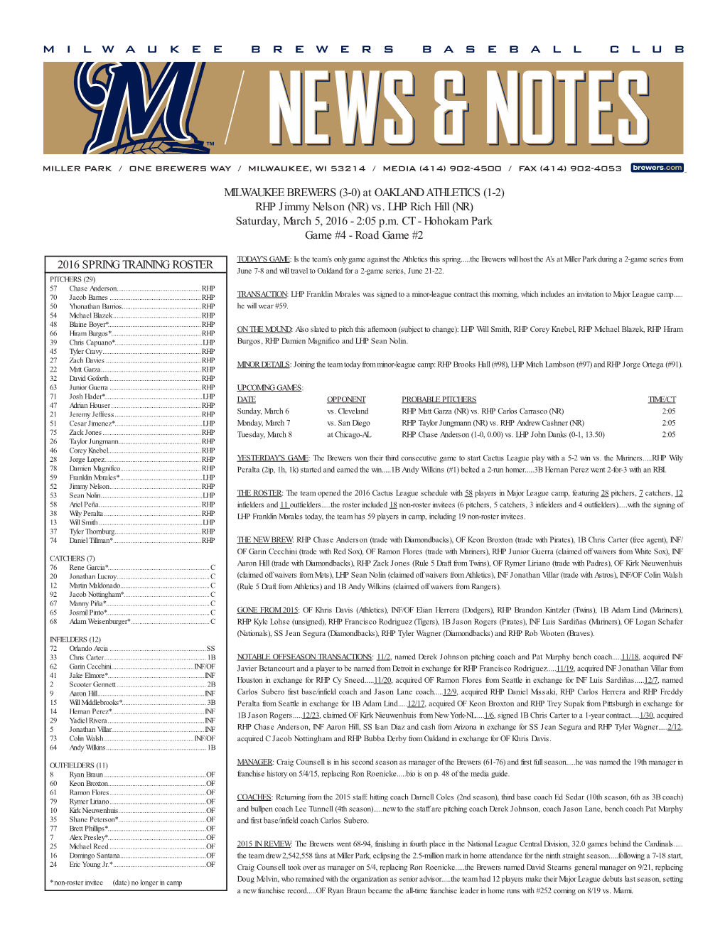 03-05-2015 Brewers Game Notes