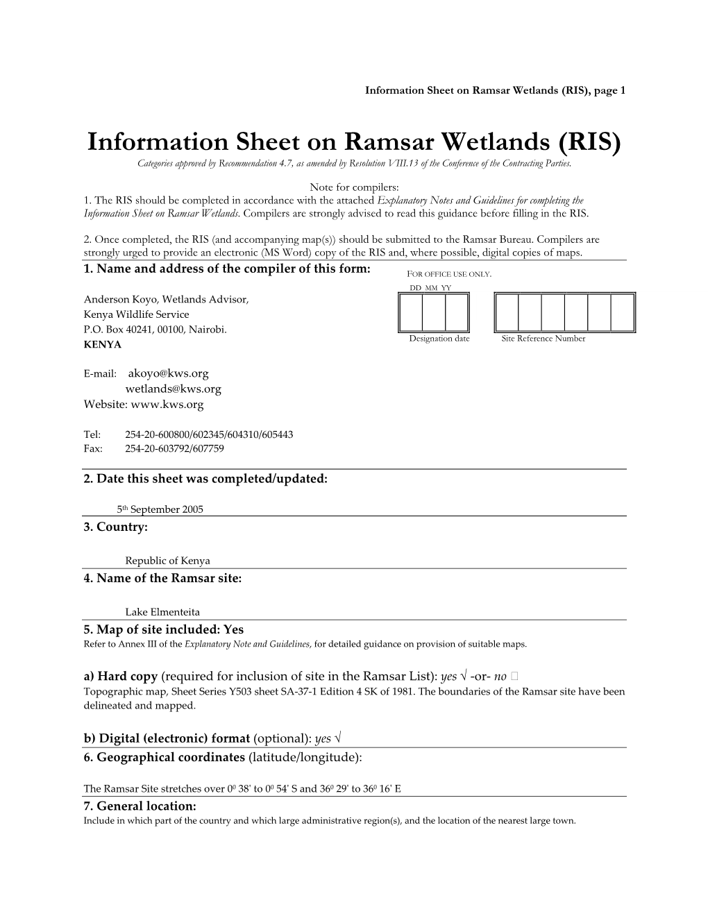 Information Sheet on Ramsar Wetlands (RIS), Page 1