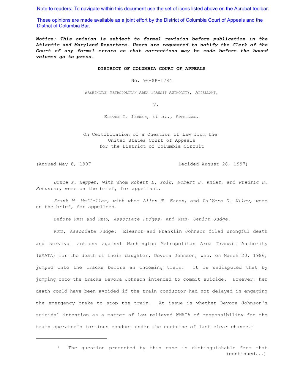 Washington Metropolitan Area Transit Authority V. Eleanor T. Johnson