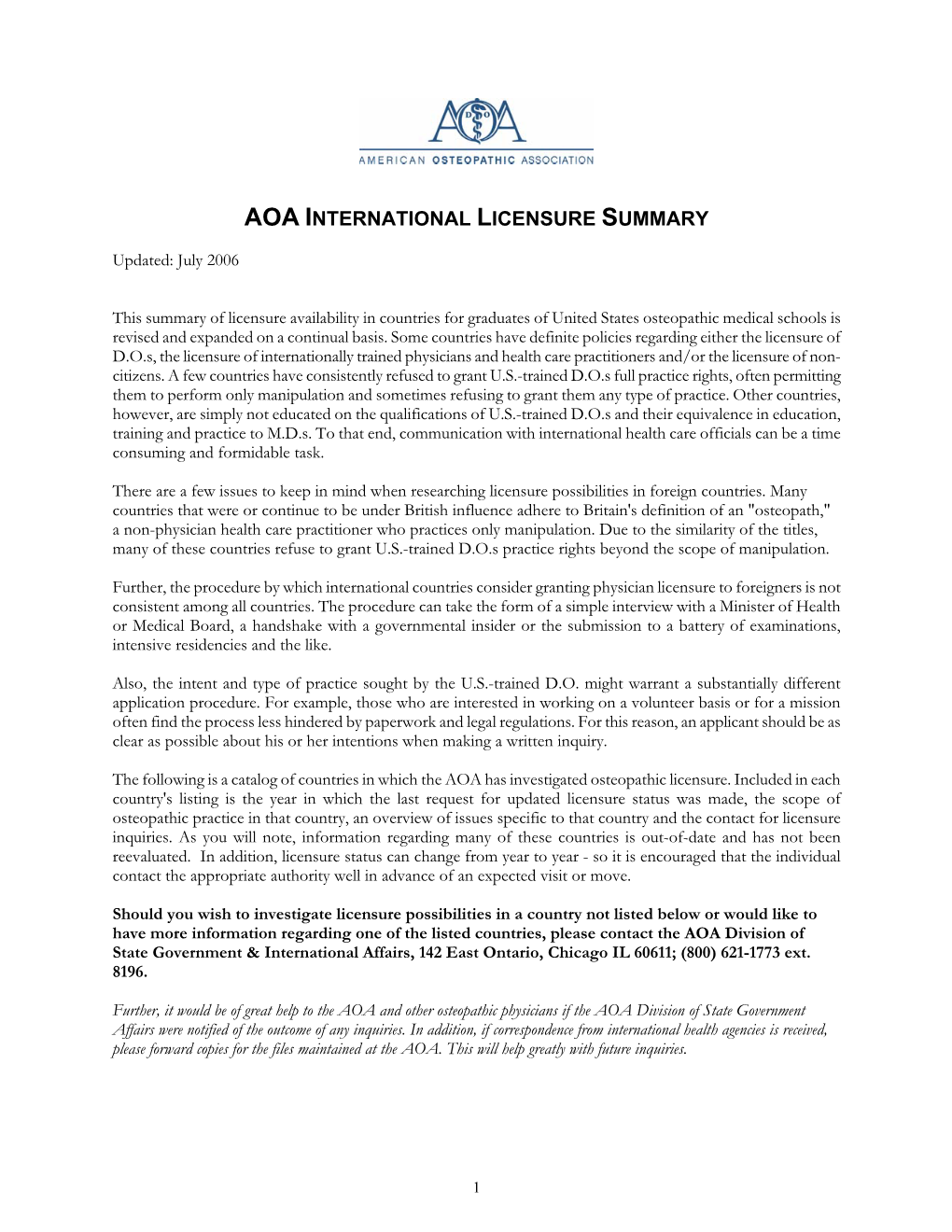 Aoa International Licensure Summary