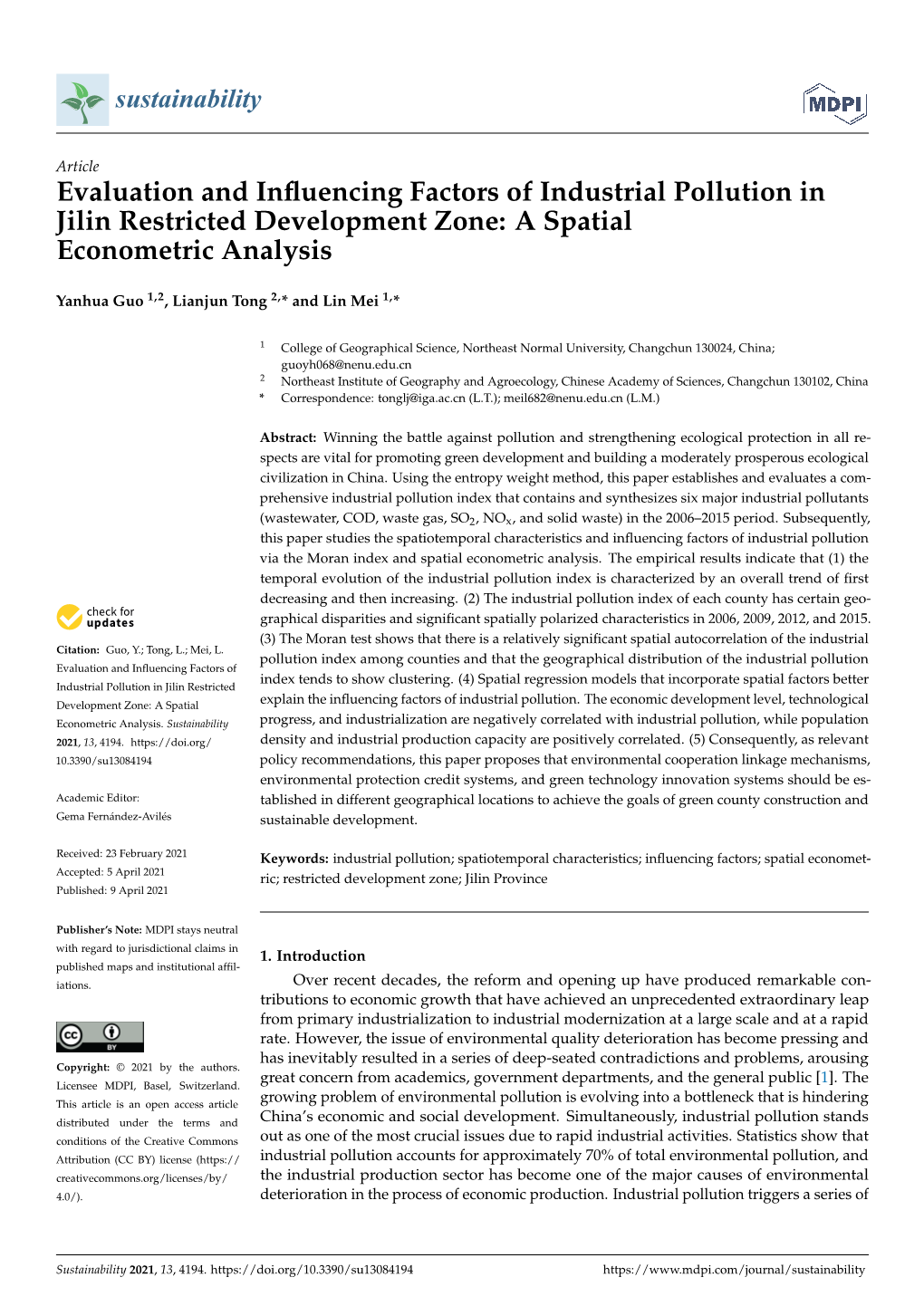 Evaluation and Influencing Factors of Industrial Pollution in Jilin Restricted Development Zone: a Spatial Econometric Analysis