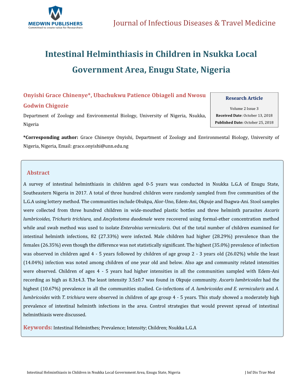 Onyishi, Et Al. Intestinal Helminthiasis in Children in Nsukka Local Government Area, Copyright© Onyishi, Et Al