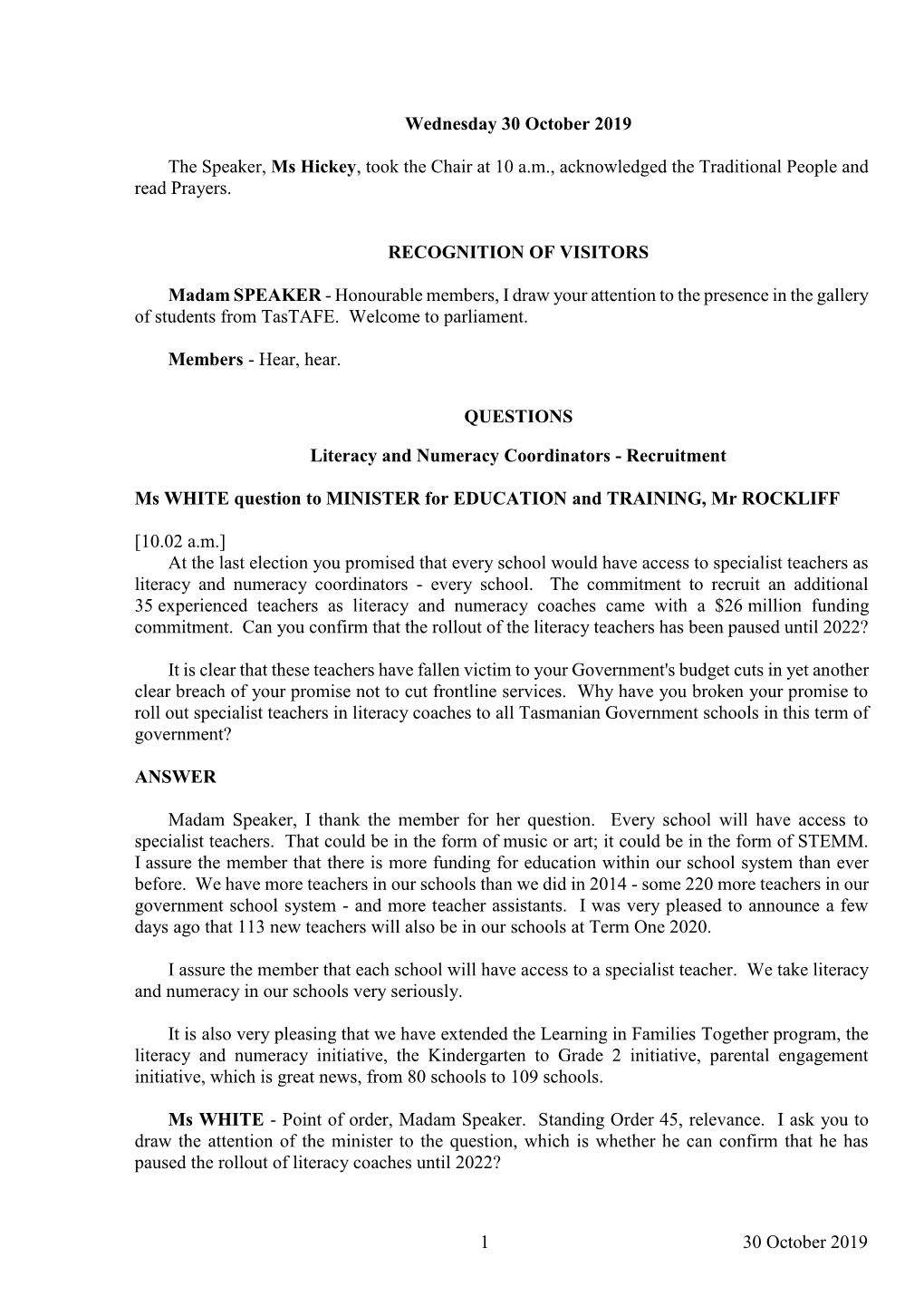 House of Assembly Wednesday 30 October 2019