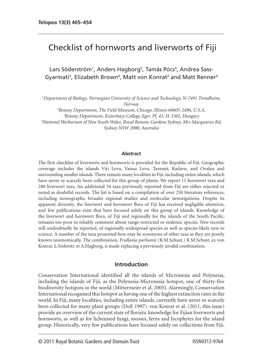 Checklist of Hornworts and Liverworts of Fiji