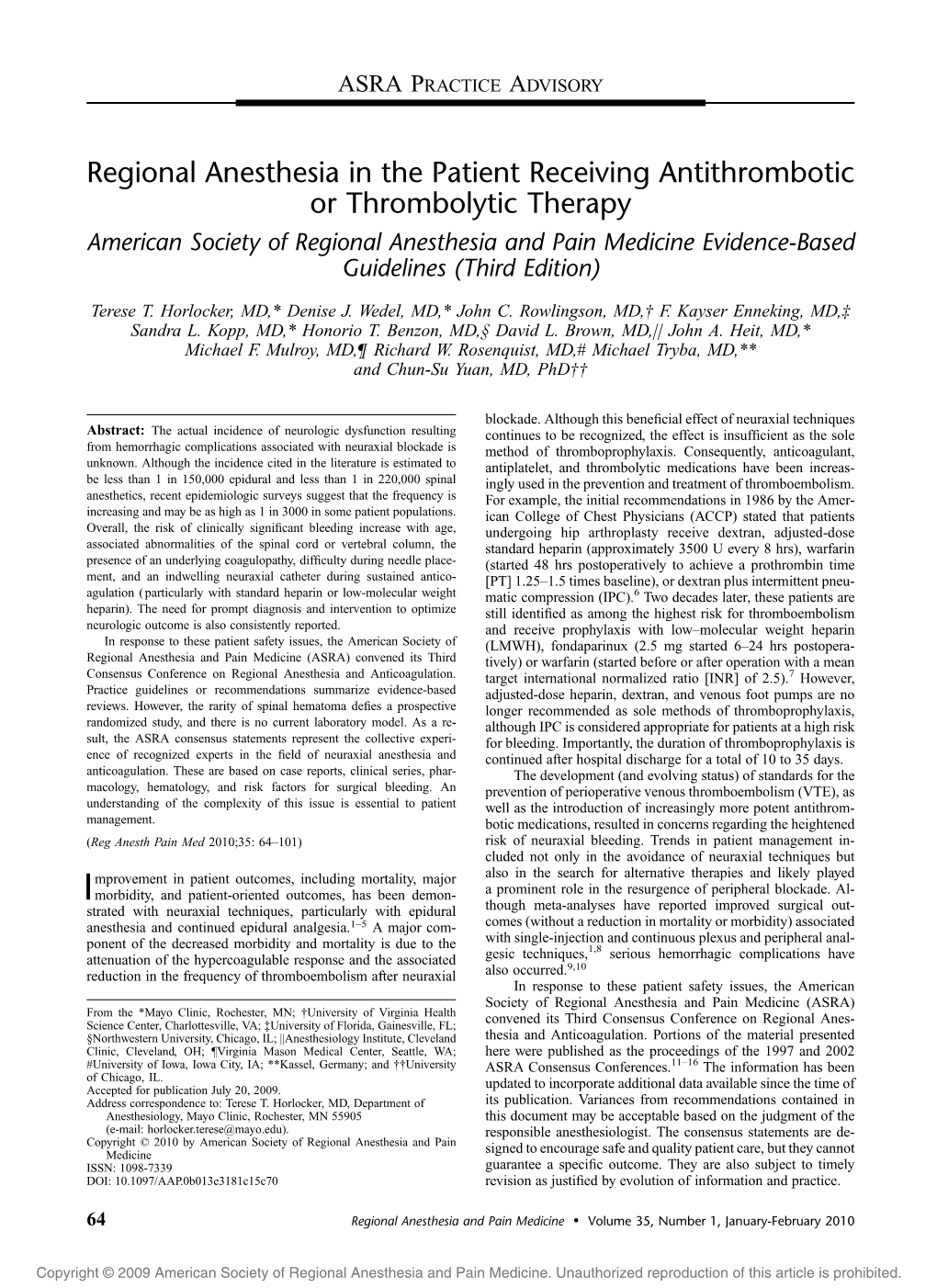 Regional Anesthesia in the Patient Receiving Antithrombotic Or