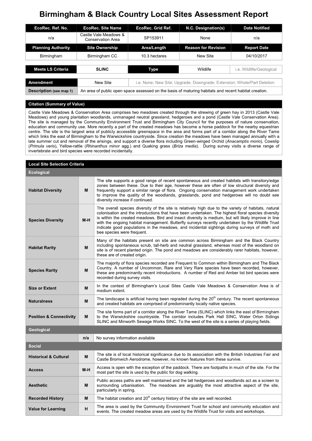 Birmingham & the Black Country Local Sites Assessment Report