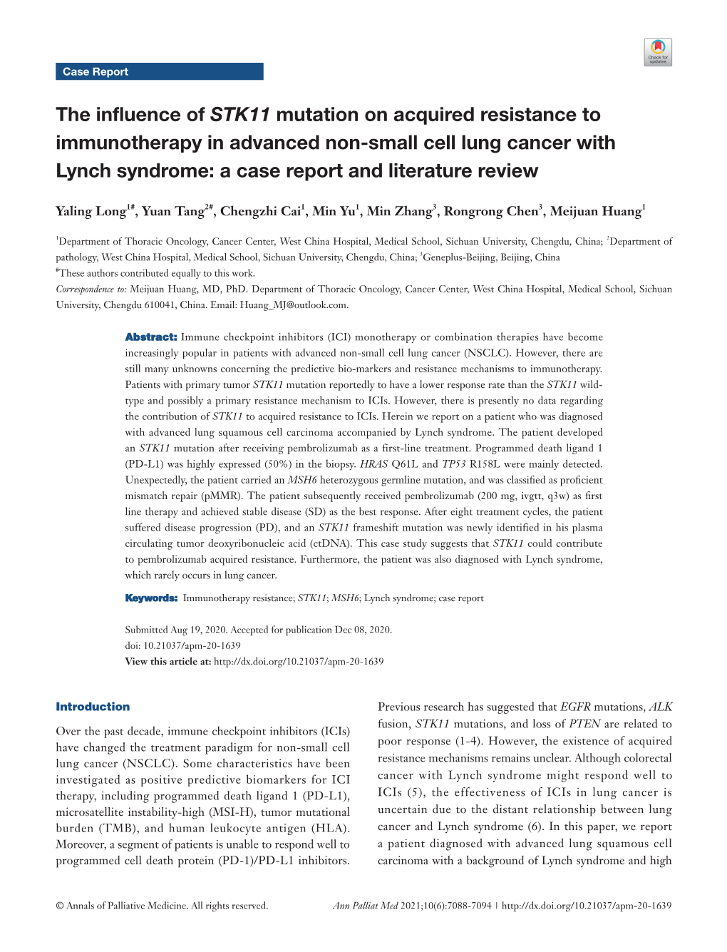 The Influence of STK11 Mutation on Acquired Resistance to Immunotherapy in Advanced Non-Small Cell Lung Cancer with Lynch Syndro