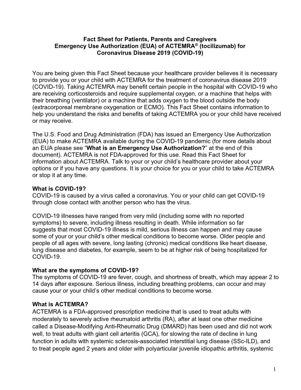 Tocilizumab Fact Sheet for Patients