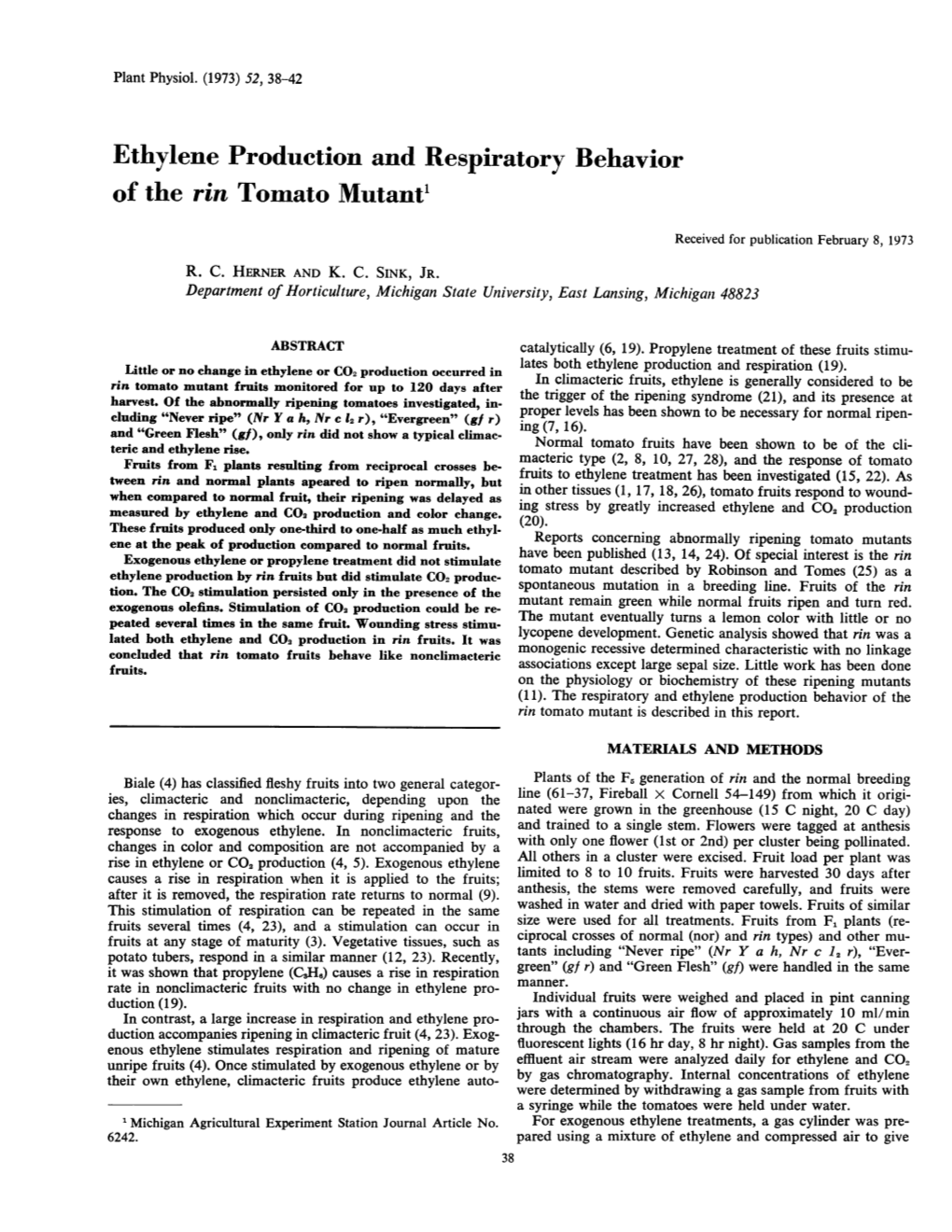 Ethylene Production and Respiratory Behavior of the Rin Tomato Mutant1