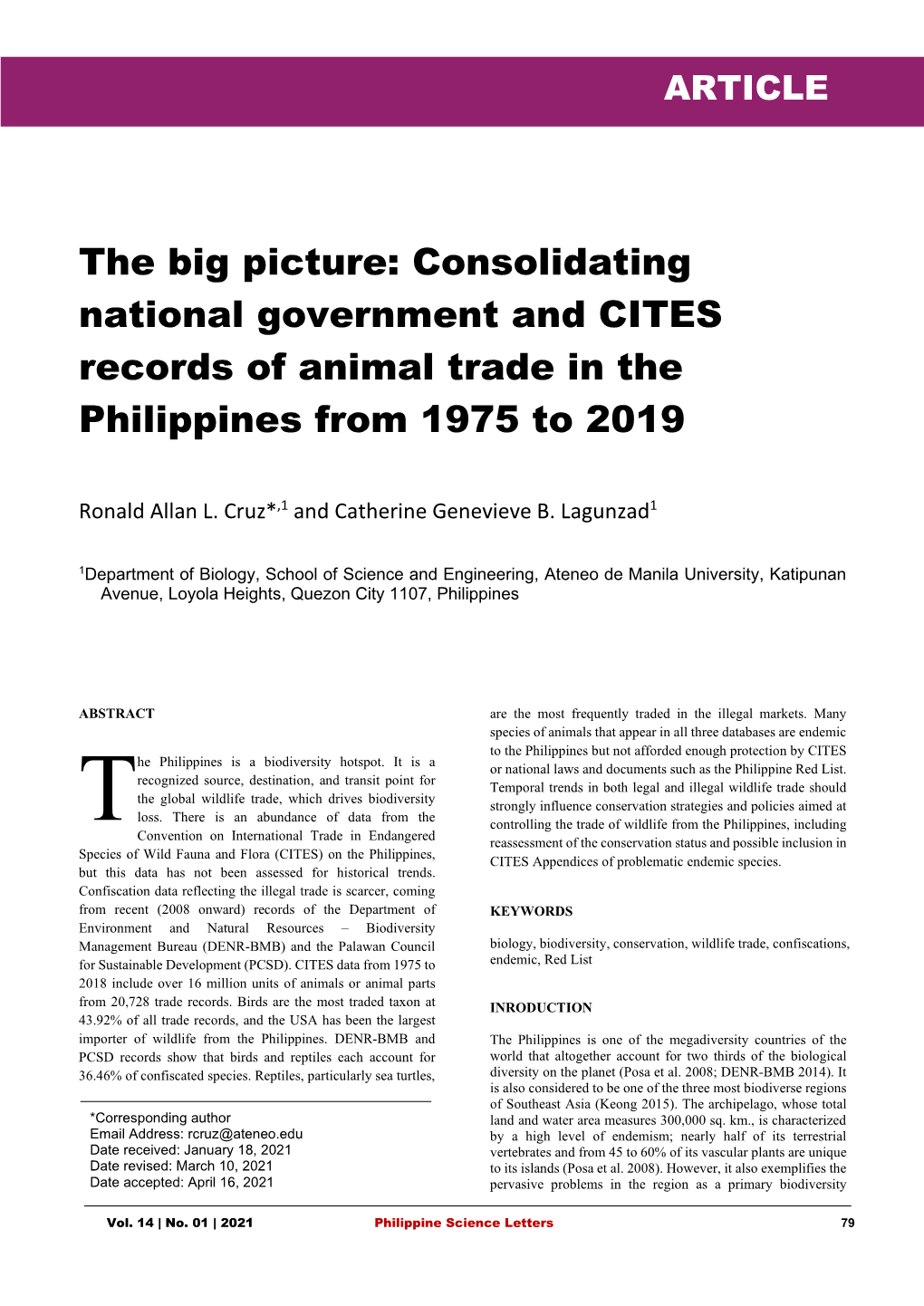 The Big Picture: Consolidating National Government and CITES Records of Animal Trade in the Philippines from 1975 to 2019