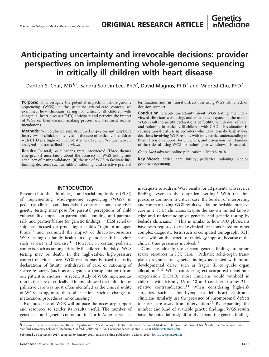 Anticipating Uncertainty and Irrevocable Decisions: Provider Perspectives on Implementing Whole-Genome Sequencing in Critically Ill Children with Heart Disease