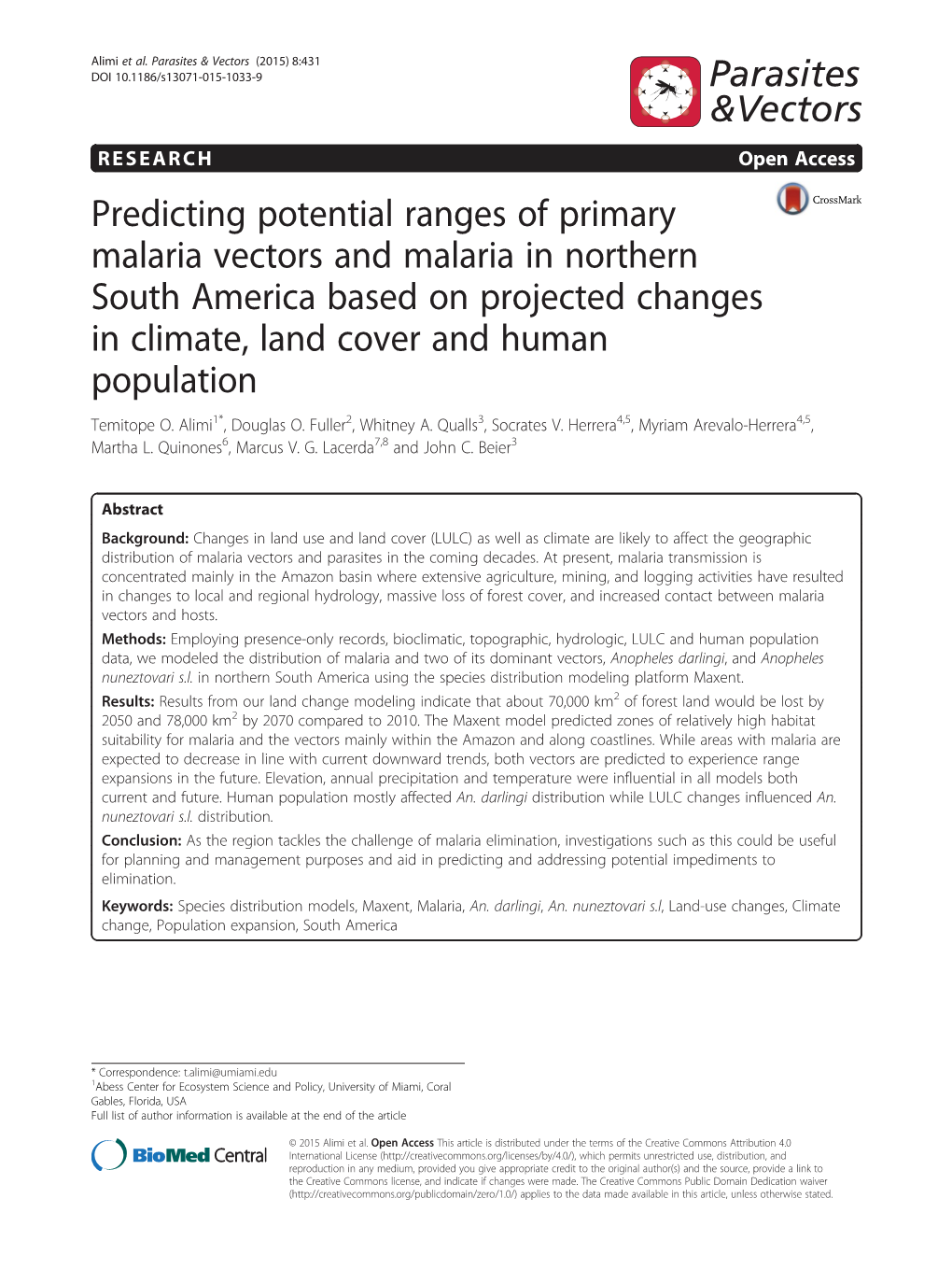 Predicting Potential Ranges of Primary Malaria Vectors and Malaria In