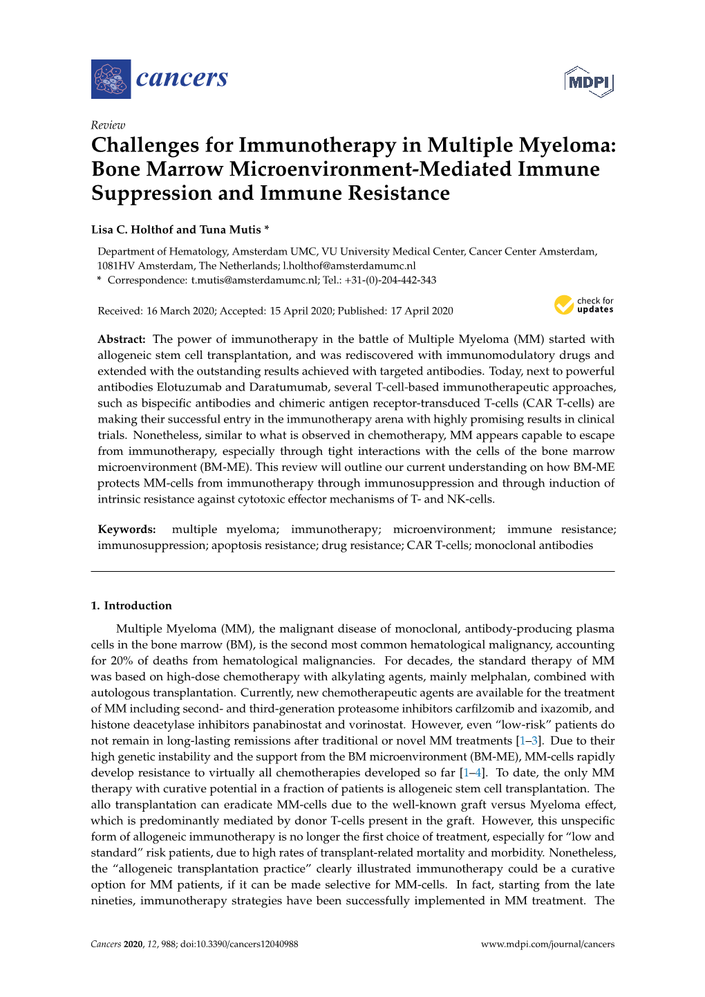 Challenges for Immunotherapy in Multiple Myeloma: Bone Marrow Microenvironment-Mediated Immune Suppression and Immune Resistance