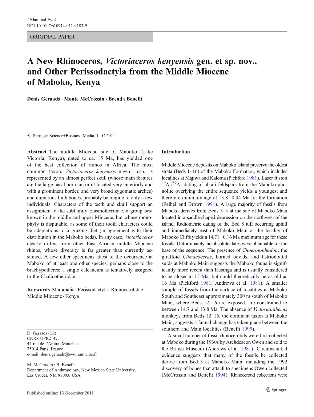 A New Rhinoceros, Victoriaceros Kenyensis Gen. Et Sp. Nov., and Other Perissodactyla from the Middle Miocene of Maboko, Kenya