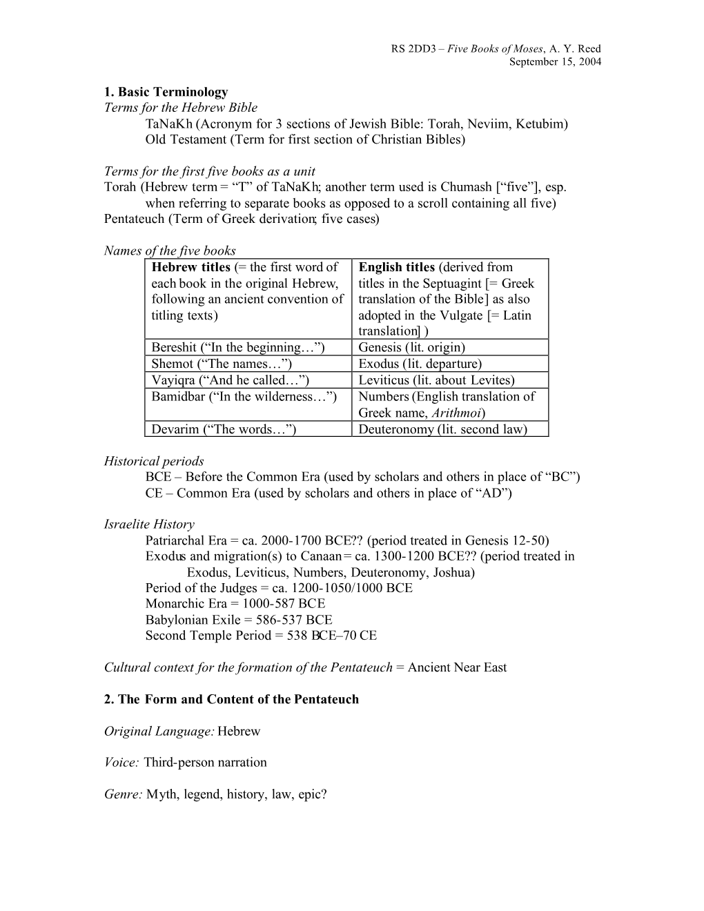 1. Basic Terminology Terms for the Hebrew Bible Tanakh (Acronym for 3 Sections of Jewish Bible: Torah, Neviim, Ketubim)