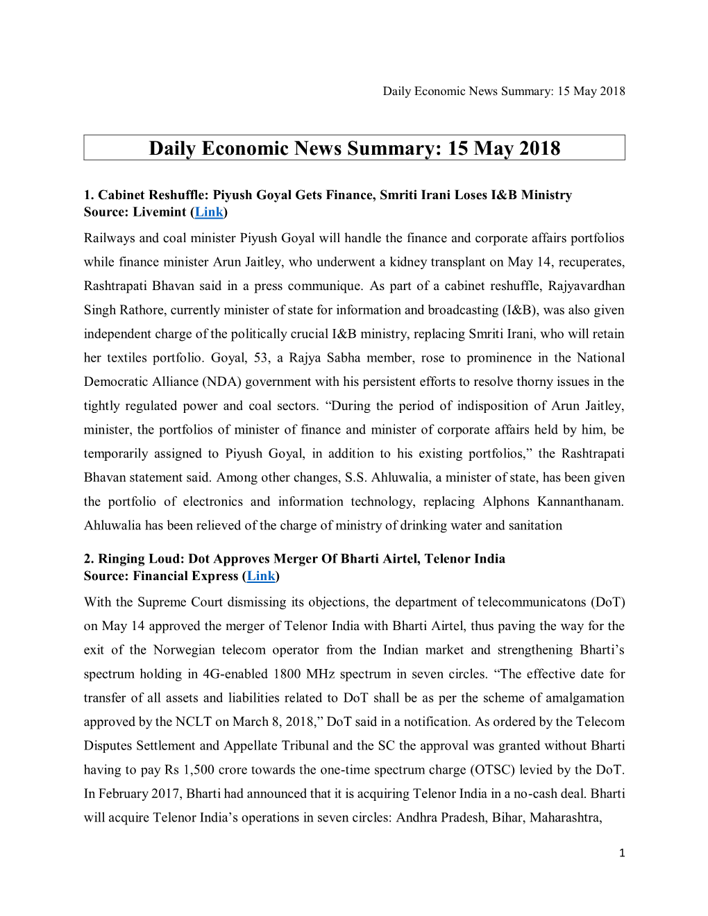 Daily Economic News Summary: 15 May 2018
