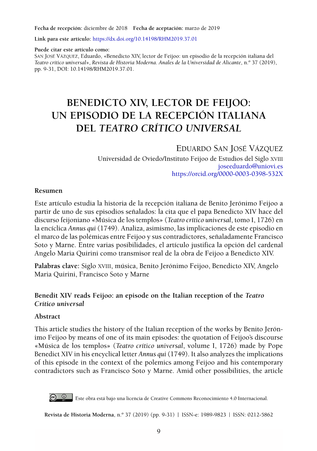 Benedicto XIV, Lector De Feijoo: Un Episodio De La Recepción Italiana Del Teatro Crítico Universal», Revista De Historia Moderna