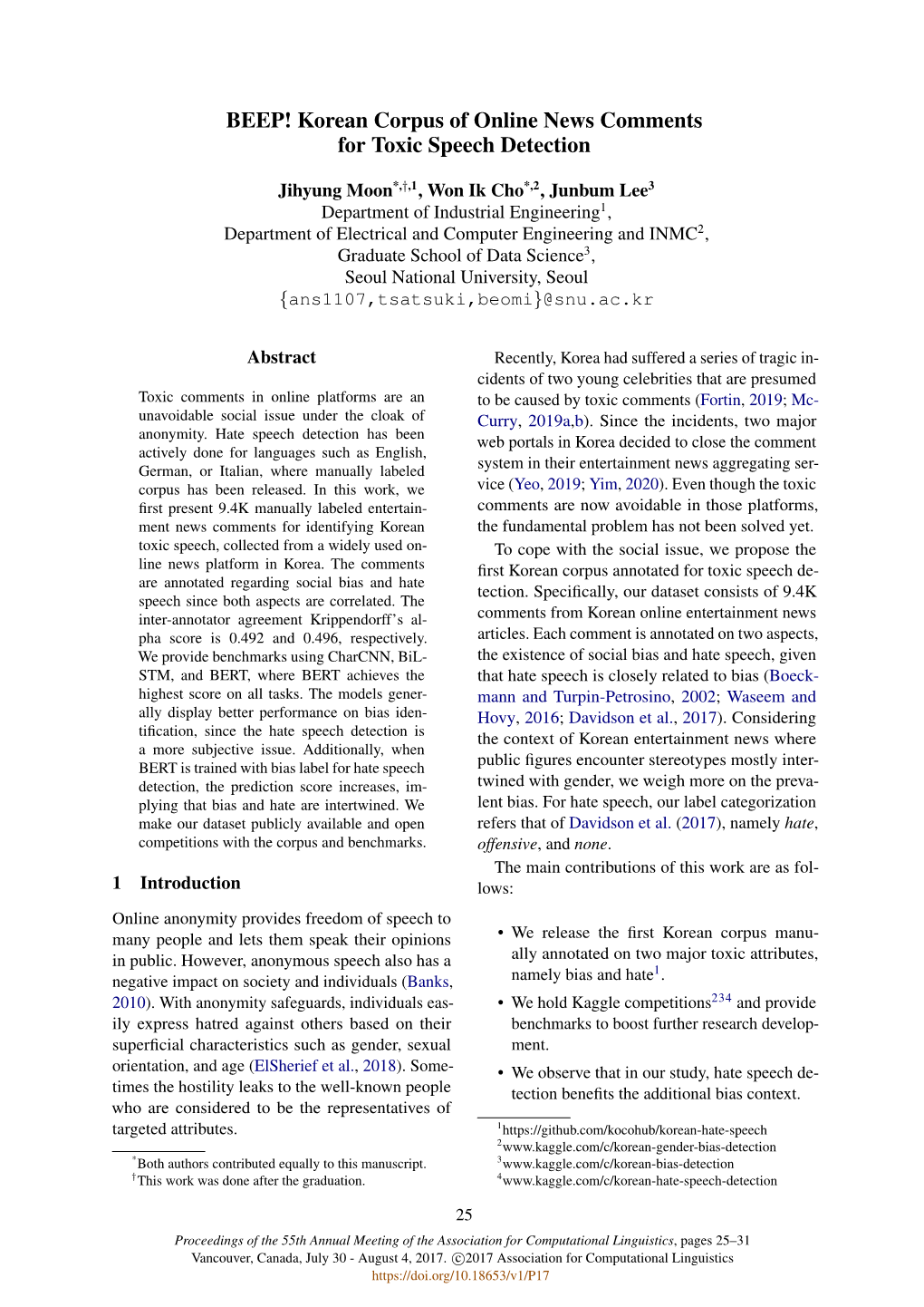 BEEP! Korean Corpus of Online News Comments for Toxic Speech Detection