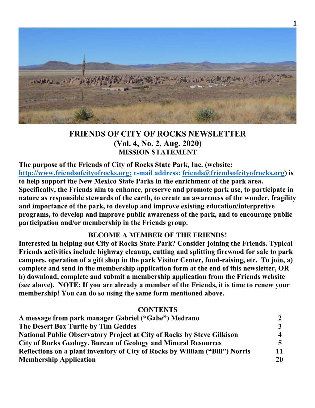 Vol. 4, No. 2, Aug. 2020) MISSION STATEMENT the Purpose of the Friends of City of Rocks State Park, Inc