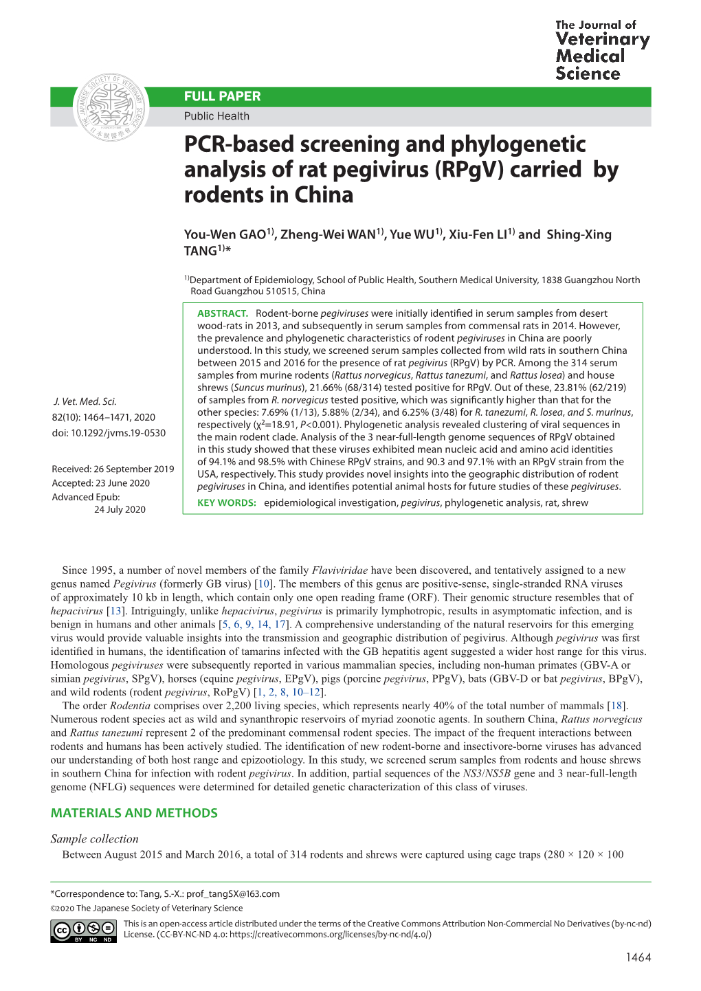 PCR-Based Screening and Phylogenetic Analysis of Rat Pegivirus (Rpgv) Carried by Rodents in China